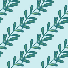 Botany seamless pattern with simple herbal twigs in turquoise color. Light blue background.