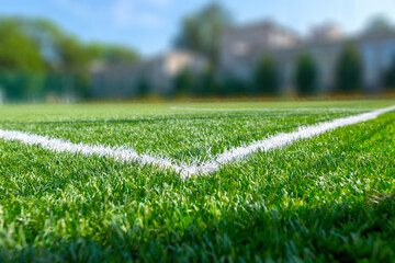 Sports ground, field with artificial turf for playing soccer and other ball sport games. - 436690923