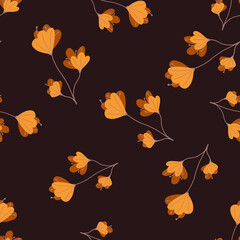 Random orange naive flowers elements seamless pattern. Maroon dark background. Vintage style.