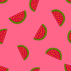 Summer fresh seamless pattern with bright red watermelon slice ornament. Pink background. Summer ornament.