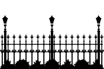 Naklejka premium Silhouette of iron fence with street flashlights and plants. Decorative fence silhouette with artistic forging isolated on white background. Gate with swirls. Forged lattice fence. Vector illustration