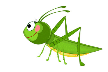 Cartoon grasshopper isolated on white background. Cute green cricket character. Insect mascot. Lovely bug icon. Bug icon. Friendly beetle. Symbol of nature, spring, summer. Stock vector illustration