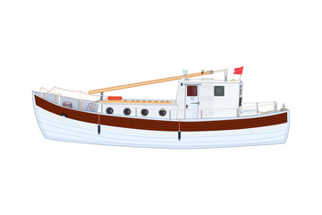Fototapeta premium Boat isolated on white background.Commercial sea fishing trawler vessel.Nautical transport for fishing. Ship side view.Sea transportation, marine ship for industrial fishery.Stock vector illustration