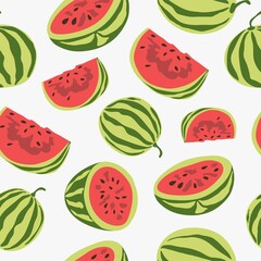 Seamless natural summer pattern,  watermelons on a white background. Hand drawing. Design for textiles, wallpapers, printed products. Vector illustration