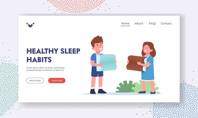 Healthy Sleep Habits Landing Page Template. Happy Children Holding Medical Orthopedic Pillows. Boy and Girl Characters