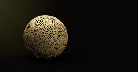 3D rendering. Stylized polygonal soccer ball on a black background. Geometric abstraction. Soft illumination of the image. Sports equipment. A team game. 3D illustration.