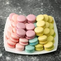 Plate of multicolored macaroons, French dessert. Dish with tender almond cookies on gray background. Copy space. Soft focus. 