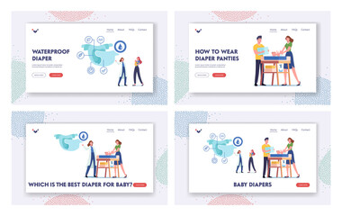 Obraz na płótnie Canvas Baby Diapers Landing Page Template Set. Parents Couple Stand at Child Table Swaddle and Change Diapers to Newborn Baby
