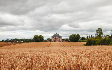 Fototapeta na wymiar French Martainville castle surrounded in a golden field of wheat ears on a cloudy day