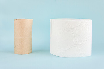  used medicine mask with rubber ear straps on blue background. Protect from virus and bacteria. Banner concept