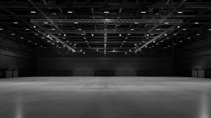 Empty exhibition center with truss. backdrop for exhibition stands.3d render. - obrazy, fototapety, plakaty