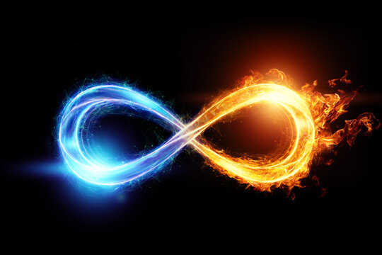 Fire ice infinity sign isolated on black background