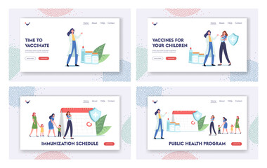 Immunization Schedule, Health Program Landing Page Template Set. Vaccine, Characters Wait for Vaccination at Calendar