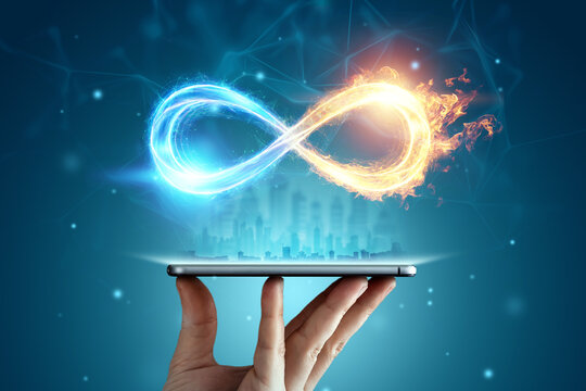 Infinity sign over smartphone, Fire ice sign on blue background