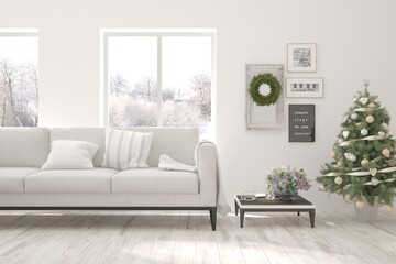 Winter new year interior of living room with sofa. Scandinavian design. 3D illustration