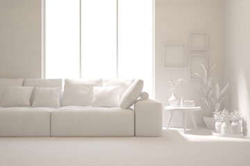 White minimalist living room with sofa. Scandinavian interior design. 3D illustration