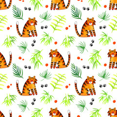 seamless watercolor pattern with tigers and tropical leaves.