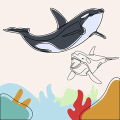 minimalist line art style orca whale illustration and one line art with earth tone. creative for wall decoration  postcard or brochure cover design and cover book .editable and suitable for templates.