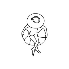 Single hand drawn girl swims in life ring. Vector illustration in doodle style. Isolated on a white background.