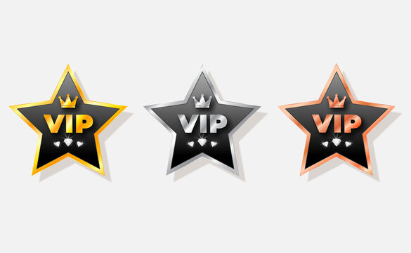 VIP vector icon . Set VIP badges in gold, silver and bronze color. VIP label
