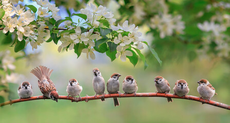 flock of small sparrow chicks sits among the blooming white branches of an apple tree in a spring...