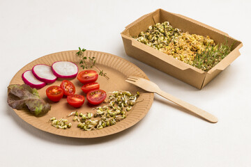 Germinated mung bean sprouts, halved tomato and slices of radish on cardboard disposable plate. Fork on plate.