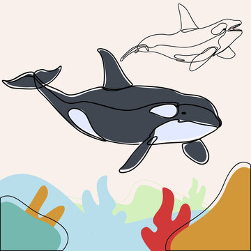 minimalist line art style orca whale illustration and one line art with earth tone. creative for wall decoration  postcard or brochure cover design and cover book .editable and suitable for templates.