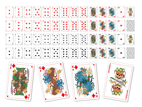 Set playing cards. Printable. Poker game kit. Vector illustration. Unique drawings.