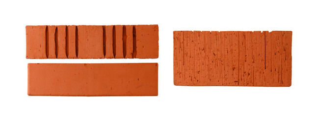 Red textured building brick in flat lay style is depicted from three angles, isolated on a clean white background without shadows.