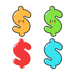 Funny cute happy dollar characters bundle set. Vector kawaii line cartoon style illustration. Cute money dollar character collection