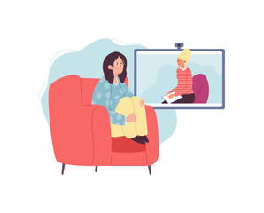 Female psychologist have online session with sad girl having mental problem.