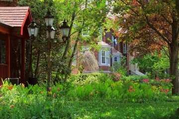 Beautiful residential street in urban area of Montreal in summer with green trees and expensive...