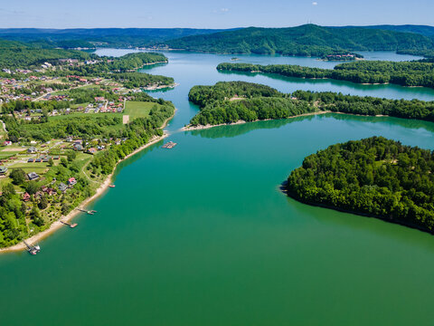Solina Lake and Polanczyk in Bieszczady Park, Poland at Summer Sunny Day. Drone View