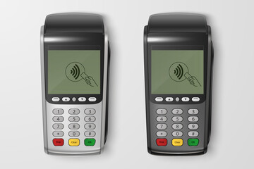 Obraz premium Vector 3d Realistic Silver, Black Payment Wi-Fi Machine Set. POS Terminal Closeup Isolated. Approved Payment. Design Template, Bank Payment Terminal, Mockup. Processing NFC Payments Device. Top View
