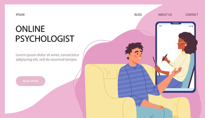 Woman psychotherapist talking online with young man having mental problem.