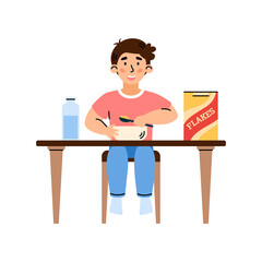 Child boy eats cereal flakes for breakfast, cartoon vector illustration isolated.
