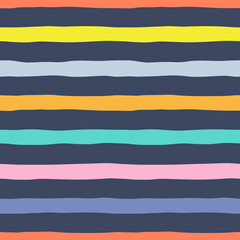Vibrant rainbow parallel stripes hand drawn vector seamless pattern. Horizontal lines geometrical simple texture. Colourful stripy geo on dark background. Abstract wallpaper, backdrop textile design