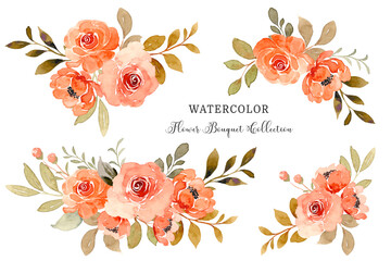 Watercolor orange rose flower bouquet collection - obrazy, fototapety, plakaty