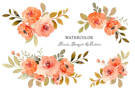 Watercolor orange rose flower bouquet collection