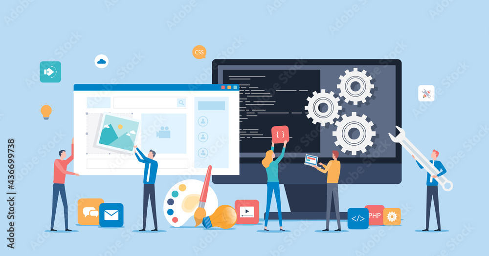 Fototapete web design and mobile application design process concept with designer and developer team working concept
