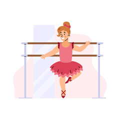 Cute kid girl ballerina wearing pink tutu and pointe dance in ballet class.