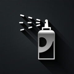 Silver Spray can for hairspray, deodorant, antiperspirant icon isolated on black background. Long shadow style. Vector
