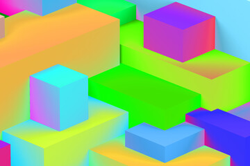 Fototapeta premium Abstract geometric cubic holographic colorful in neon lights background. isometric 3d render.