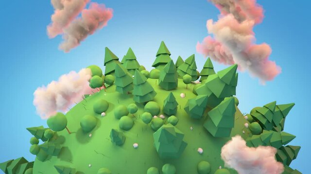 Miniature tiny planet with trees and clouds. 3D render seamless loop animation