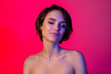 Photo of sweet short hairdo millennial lady close eyes without clothes isolated on vibrant red color background