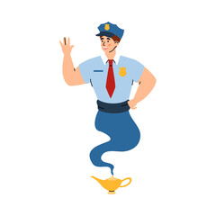 Professional pilot looking like genie, cartoon vector illustration isolated.