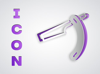 Paper cut Straight razor icon isolated on grey background. Barbershop symbol. Paper art style. Vector