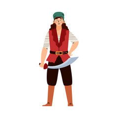 Pirate woman standing holding sword, cartoon vector illustration isolated.