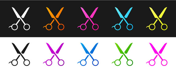 Set Scissors hairdresser icon isolated on black and white background. Hairdresser, fashion salon and barber sign. Barbershop symbol. Vector