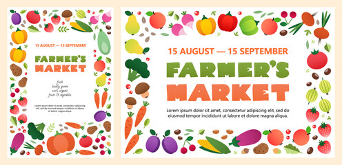 Fototapeta premium Farmer's market poster template collection. Two colorful backgrounds made of vegetables and fruits drawn in a flat style. Vector 10 EPS.